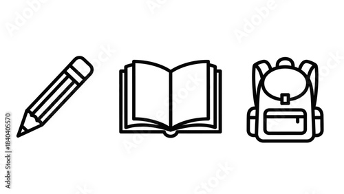 School Supplies - Pencil, Open Book, and Backpack Line Art.