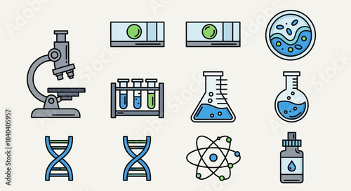 Science Lab Equipment - Microscope, Test Tubes, Flasks, DNA, Atom.