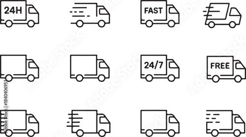 Delivery truck and van line icon set.Fast delivery truck icon line style vector. Express delivery trucks icons. Cargo vehicle and transportation symbols for logistics, shipping services, and freight.