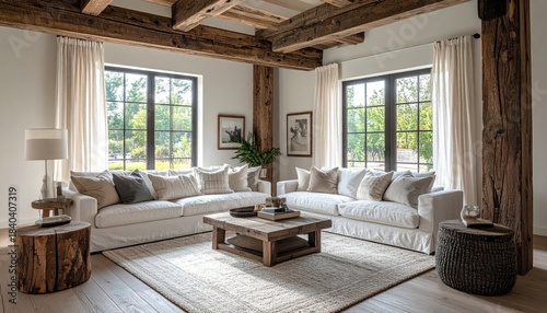 A cozy and rustic living room featuring two white sofas, a wooden coffee table, exposed wooden beams, and large windows overlooking a lush outdoor scene.
