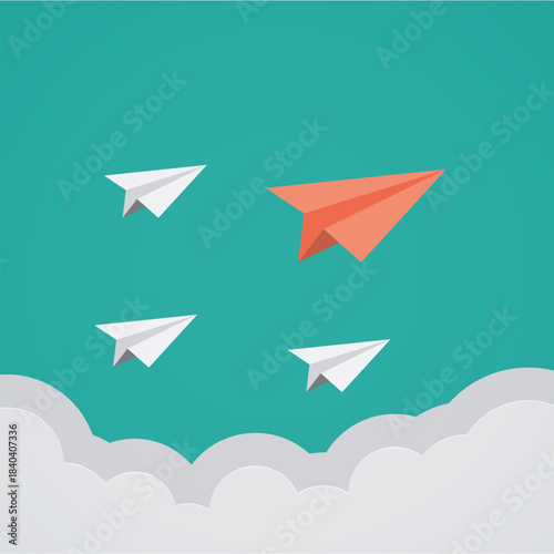 Vector airplane flying on sky background paper business concept of team leadership paper plane changing