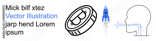 Cryptocurrency, fintech, blockchain, technology innovation, data transfer, economy. Coin with a Bitcoin symbol, rocket illustration head exhaling arrows. Cryptocurrency and fintech concept