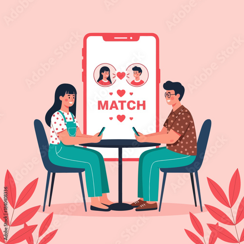 Cute illustration of a couple on a date after matching on a dating app. Romantic, modern, and perfect for themes of online dating, relationships, love, and digital communication.