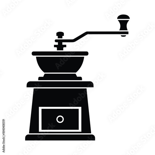 Black silhouette of a manual coffee grinder on white