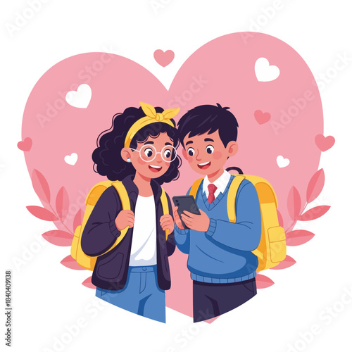 Cute illustration of two students smiling while looking at a phone together, surrounded by hearts and soft pink elements. Perfect for love, school life, friendship, and Valentine themes.