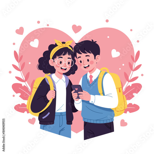 Cute illustration of two students smiling while looking at a phone together, surrounded by hearts and soft pink elements. Perfect for love, school life, friendship, and Valentine themes.