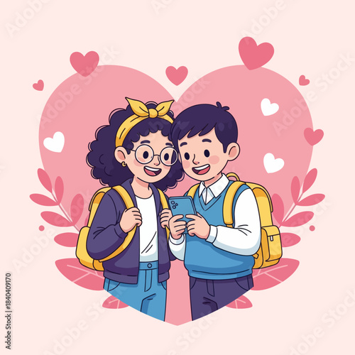 Cute illustration of two students smiling while looking at a phone together, surrounded by hearts and soft pink elements. Perfect for love, school life, friendship, and Valentine themes.
