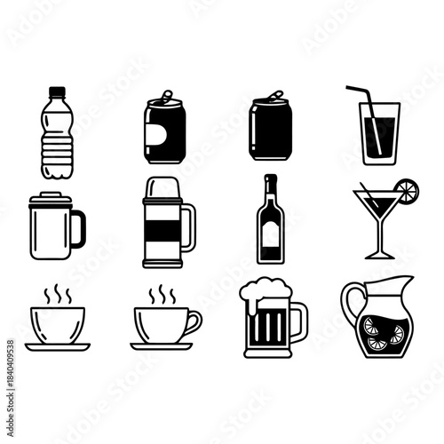 Solid, filled icon set of outdoor cooking drinks and refreshments water bottle, soda can, juice box and thermos