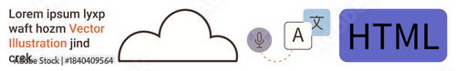 Cloud storage, coding languages, international communication, technology tools, translation features, voice input. Cloud icon with translation text, HTML tag and voice recognition symbol. Cloud