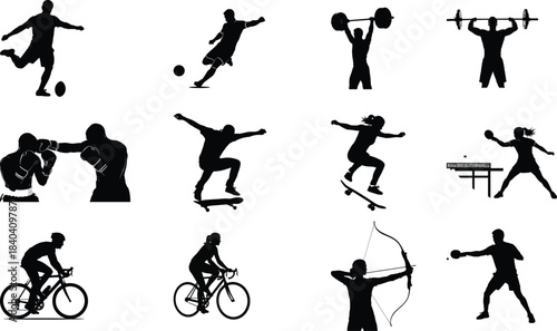 Collection of silhouette athletes engaging in various sports and fitness activities