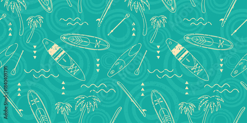 Horizontal Background With Boarding Sup, palm trees and elements of surfing, Stand Up Paddle on a blue seamless pattern background in outline. Vector water sports design in retro vintage style