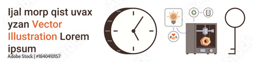Time management, innovation, technology solutions, creative processes, product development, modern manufacturing. Clock and 3D printer with digital interface and process icons. Time management