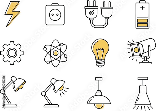 Collection of vibrant hand drawn power energy icons including lightning bolt bulb battery and plugs isolated on transparent background