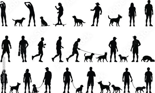 Silhouettes of people and dogs walking enjoying outdoor activities together