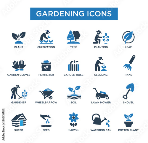 Gardening Icons Set – Planting, Tools, Seedlings, and Garden Equipment Vector