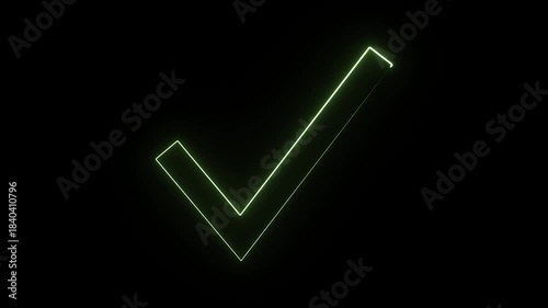 Green Neon Check Mark 4K Glow Approval Animation on Black Background