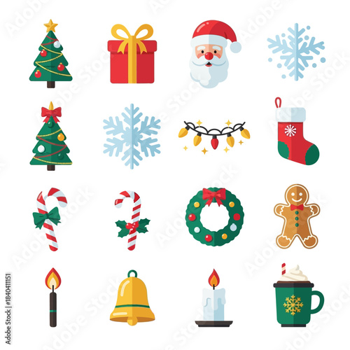Festive Icons, Christmas Theme, Holiday Spirit, Digital Illustration, Cheerful Environment, Playful Viewpoint