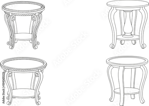 Set of Elegant and Vintage Round Tables Outline Drawing for Classic Interior Design Vector Illustration