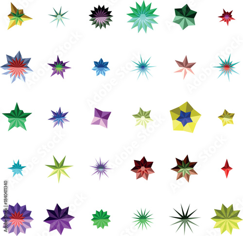 An assortment of colorful polygonal starburst designs on a white background