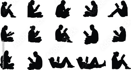 Silhouettes of people reading books in various relaxed positions