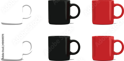 Vector Set of Six Coffee Mugs in Line Art, Black, and Red Colors, Ideal for Branding Mockups, Cafes, Kitchen Themes, and Hot Beverage Graphics.
