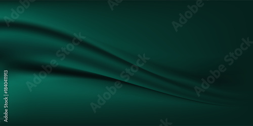 Dark teal emerald green silk satin. Shiny smooth fabric. Soft folds. Luxury background with space for design. web banner. Flat lay, top view table. Birthday, Christmas, Valentine, New year.