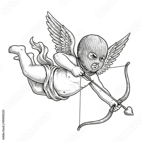 Vintage Cupid with Balaclava Brutal Vector Illustration