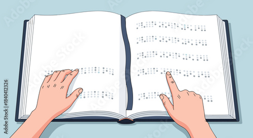 Close-up of hands reading an open book with Braille text, representing literacy and accessibility for the visually impaired.