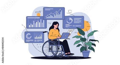Professional woman in a wheelchair working on a laptop, skillfully managing and analyzing data from multiple charts and graphs.