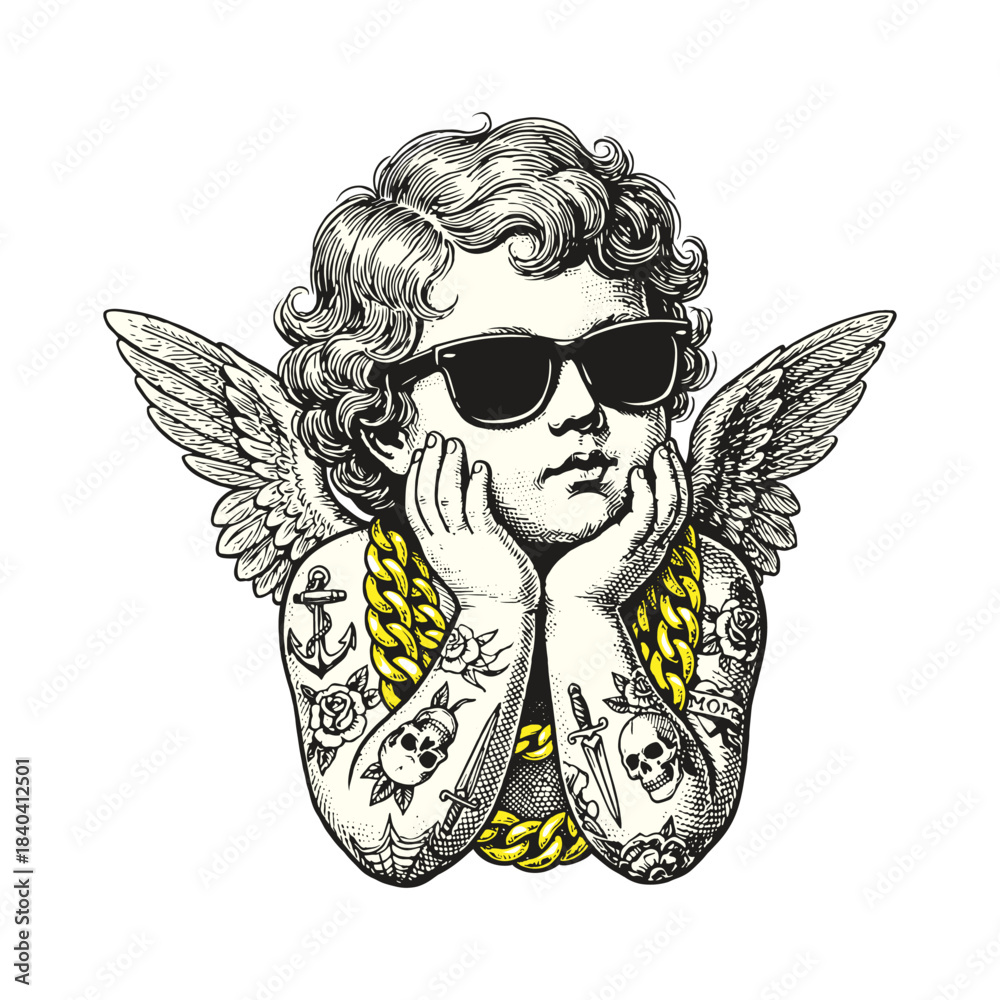 Naklejka premium Cute Cupid Child with Tattoos and Gold Chains