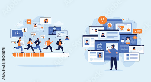 Set of business concept illustrations showing teamwork progress and a manager organizing digital information and user profiles.
