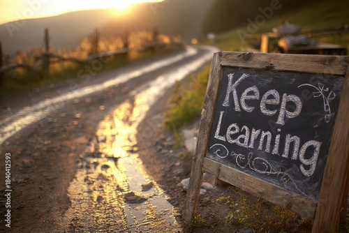 Wallpaper Mural A winding dirt road at sunset, with soft golden light illuminating a chalkboard sign that reads "Keep Learning, " creating an inspiring and peaceful atmosphere Torontodigital.ca
