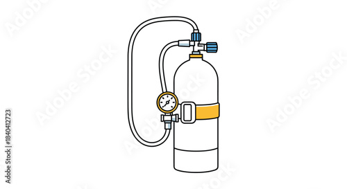 Simple line art illustration of a scuba diving oxygen tank with regulator, pressure gauge, and hose on a white background.