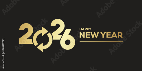 Elegant “Happy New Year 2026” typography in metallic gold on a dark background, modern festive banner design ideal for holiday greetings, party invitations, web headers.