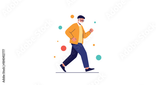 Active elderly man with glasses and a beard walking briskly, promoting a healthy and energetic lifestyle during retirement.