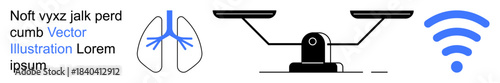 Healthcare, connectivity, justice, digital communication, diagnostics, balance. Lungs symbol, a weighing scale and a wireless signal. Healthcare and connectivity concepts