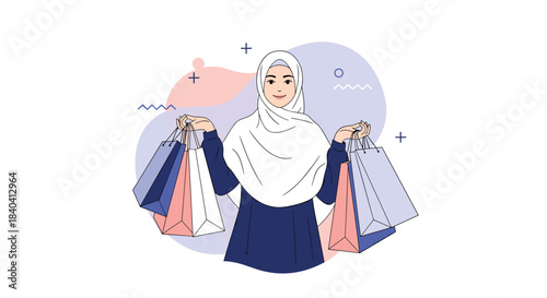 Happy Muslim woman wearing a hijab and smiling while holding numerous shopping bags after a successful shopping trip.