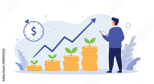 Businessman analyzing investment growth on a tablet, with growing stacks of coins and an upward arrow symbolizing financial success.