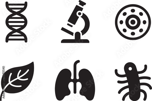 Biology and science icons set featuring dna microscope lungs leaf microorganism and insect vector symbols