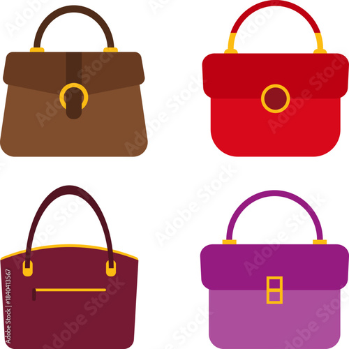 Women's bag, handbag icon isolated on white background, set of vintage women's handbags. Vector cartoon illustration, poster, postcard. Vector