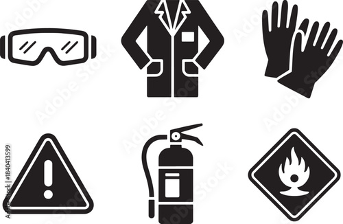 Workplace laboratory safety equipment and hazard signs icon set including ppe fire extinguisher