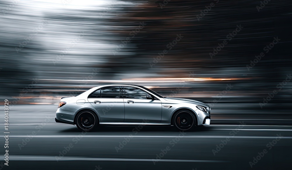Fototapeta premium Silver car speeds by, motion blur shows velocity, sleek automotive style