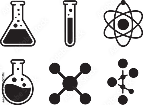 Chemistry and science icons set flask test tube atom molecule structure laboratory research elements