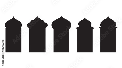 a collection of five distinct black silhouettes of ornate indian or middle eastern architecture on transparent background high quality professional detailed modern elegant stylish clean crisp