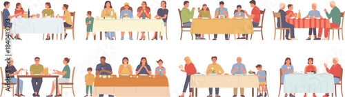 Family dining illustration set, people eating together, diverse groups at table, shared meals concept, flat design characters, social eating artwork