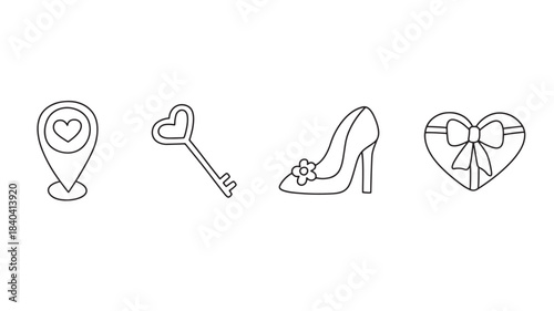 a collection of romantic line art icons including a location heart key high heel shoe and gift box silhouette on transparent background high quality professional detailed