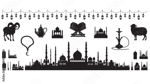 a decorative collection of islamic symbols including a ram kettle mosque and quran arranged horizontally on transparent background silhouette high quality professional detailed modern elegant stylish