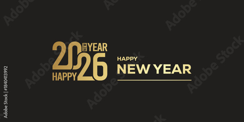 Elegant “Happy New Year 2026” typography in metallic gold on a dark background, modern festive banner design ideal for holiday greetings, party invitations, web headers.