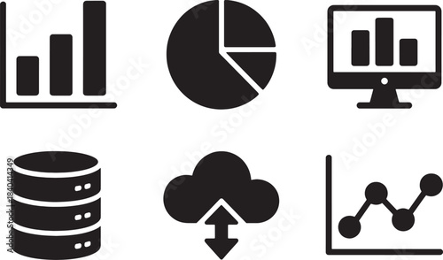 Data and analytics icons set charts graphs pie diagrams server cloud storage digital visualization