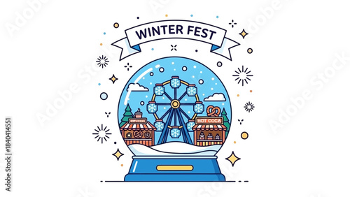 Winter Fest snow globe with Ferris wheel and carousel festive illustration for holiday season and ev